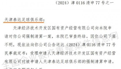 “天津泰达足球俱乐部”公司被强制清算，案件已审查终结